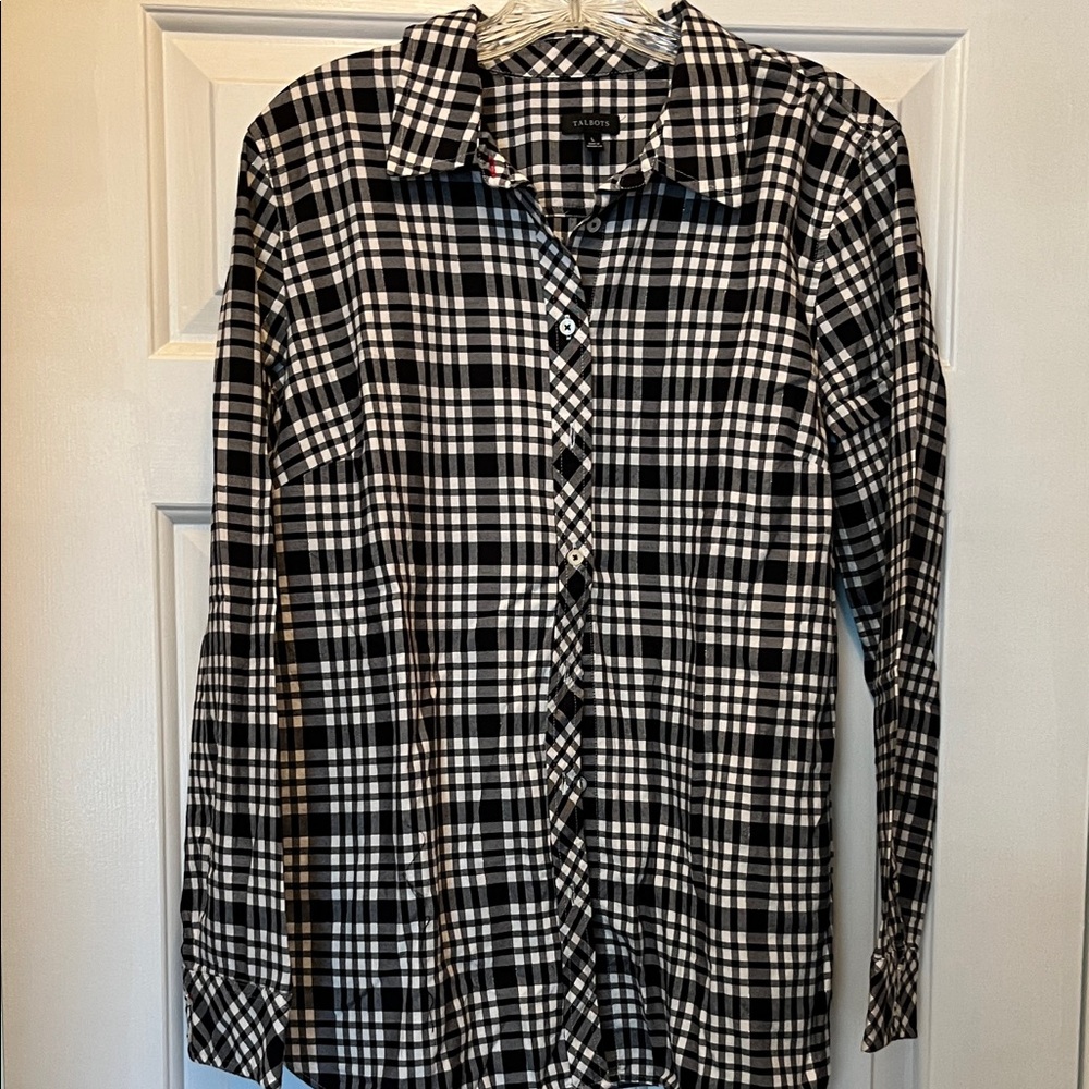 Talbots black and white checked blouse.